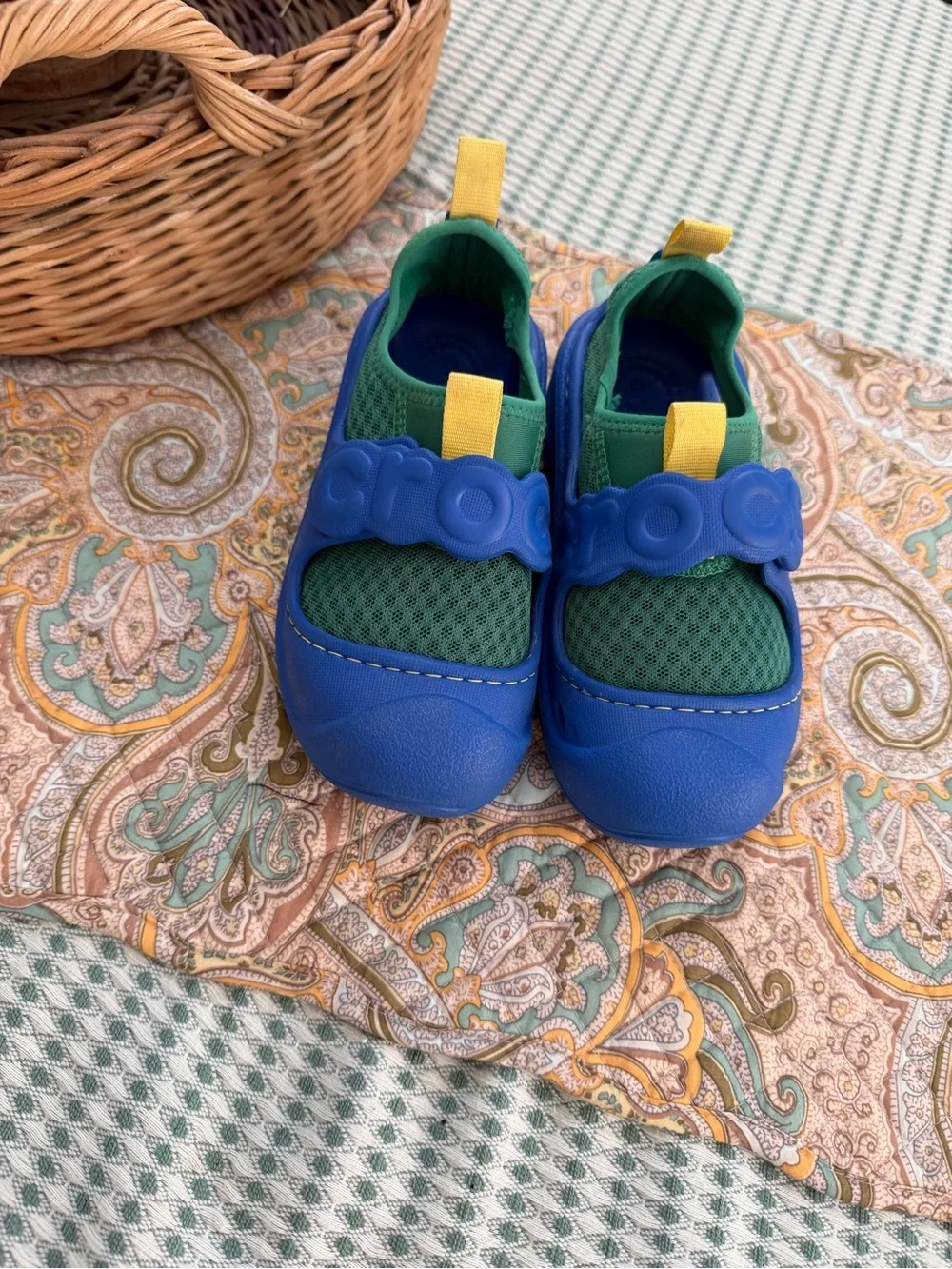 CROCS Kids Blue & Green Athletic Water Shoes with Yellow Pull Tabs Size 12